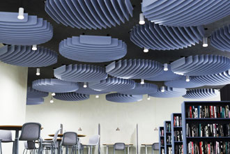 Hanging acoustic baffles improving sound absorption in large halls