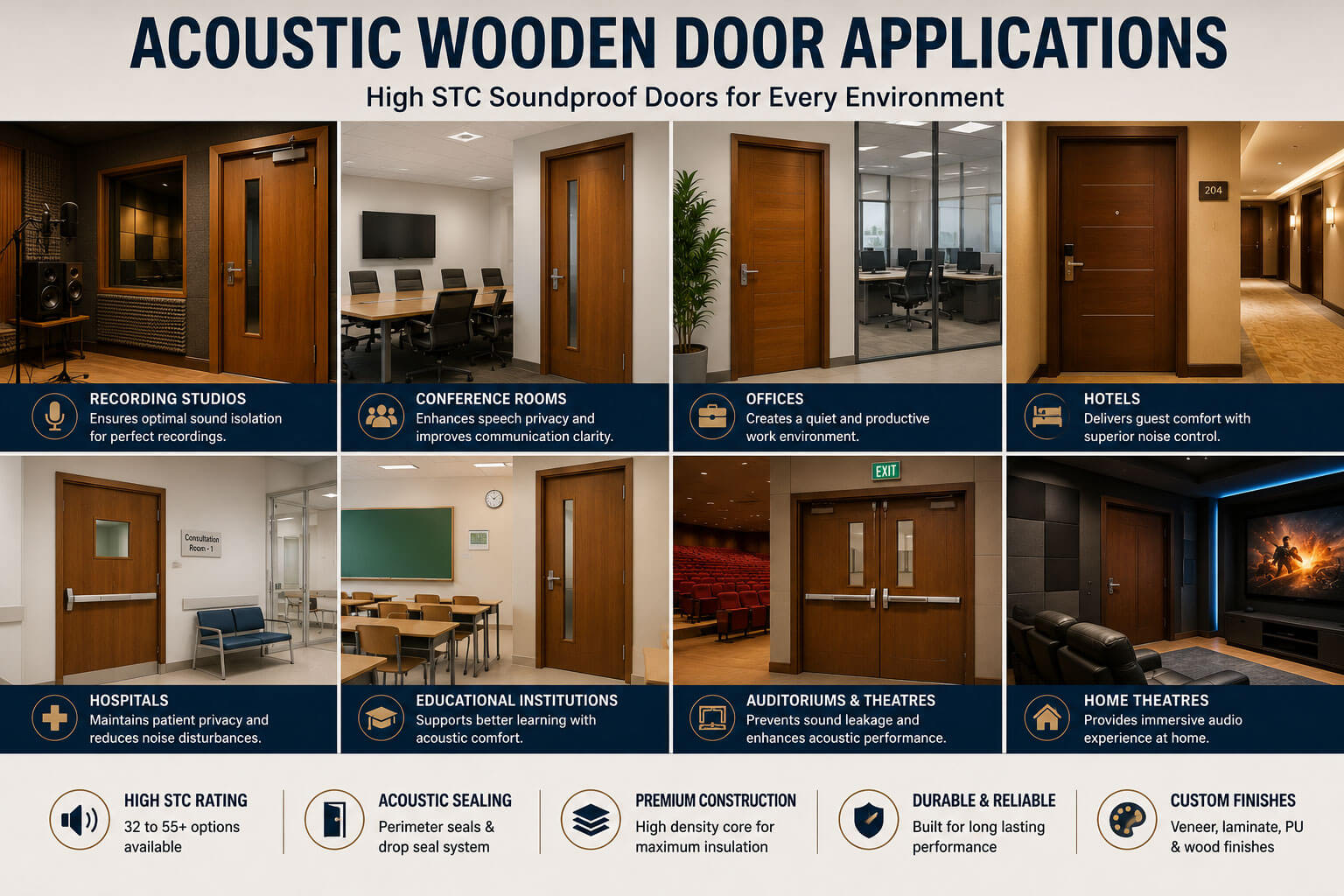 Applications of acoustic wooden doors in offices hotels studios and auditoriums
