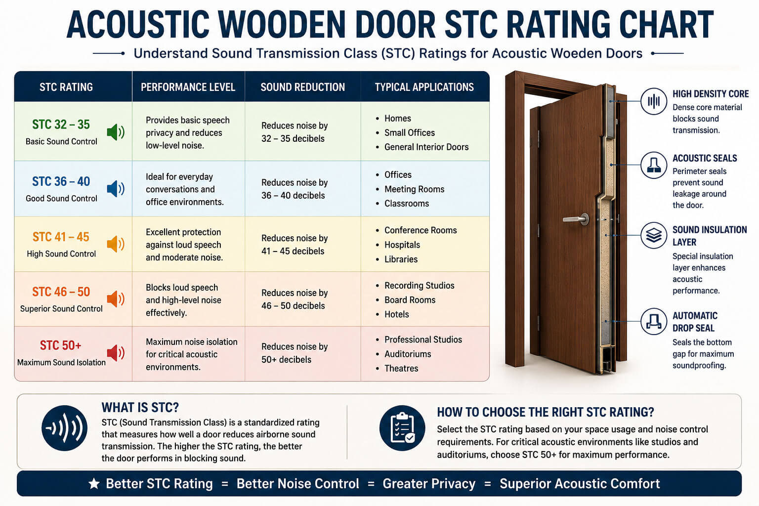 STC rating chart for acoustic wooden doors and soundproof doors