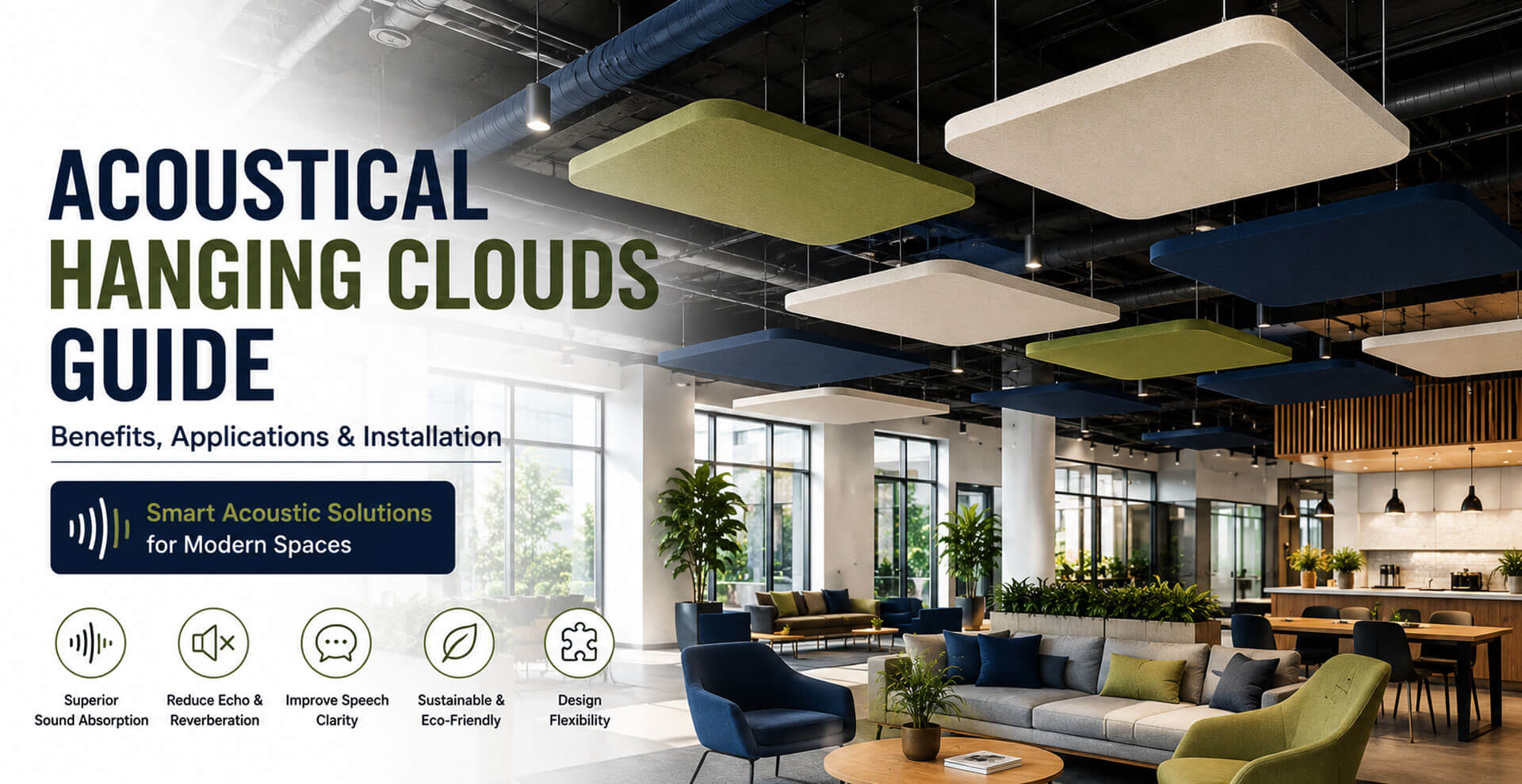 Acoustical hanging clouds installed in modern office ceiling for sound absorption and noise control