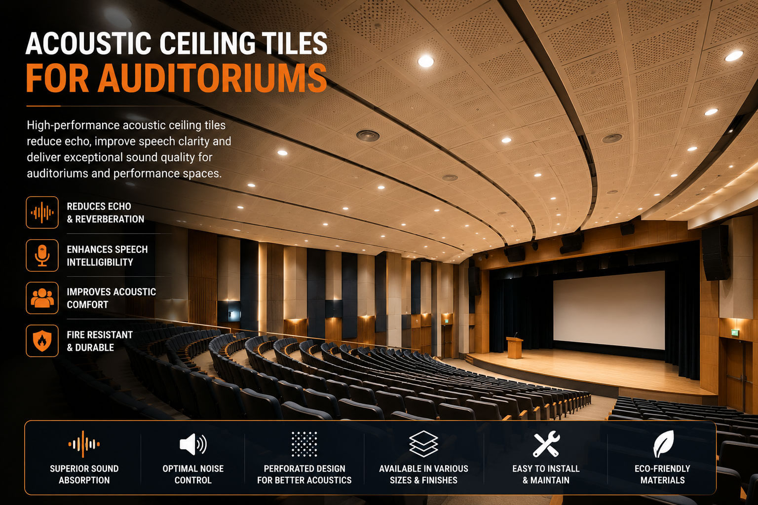 Auditorium acoustic ceiling tiles installed for echo control and enhanced speech intelligibility