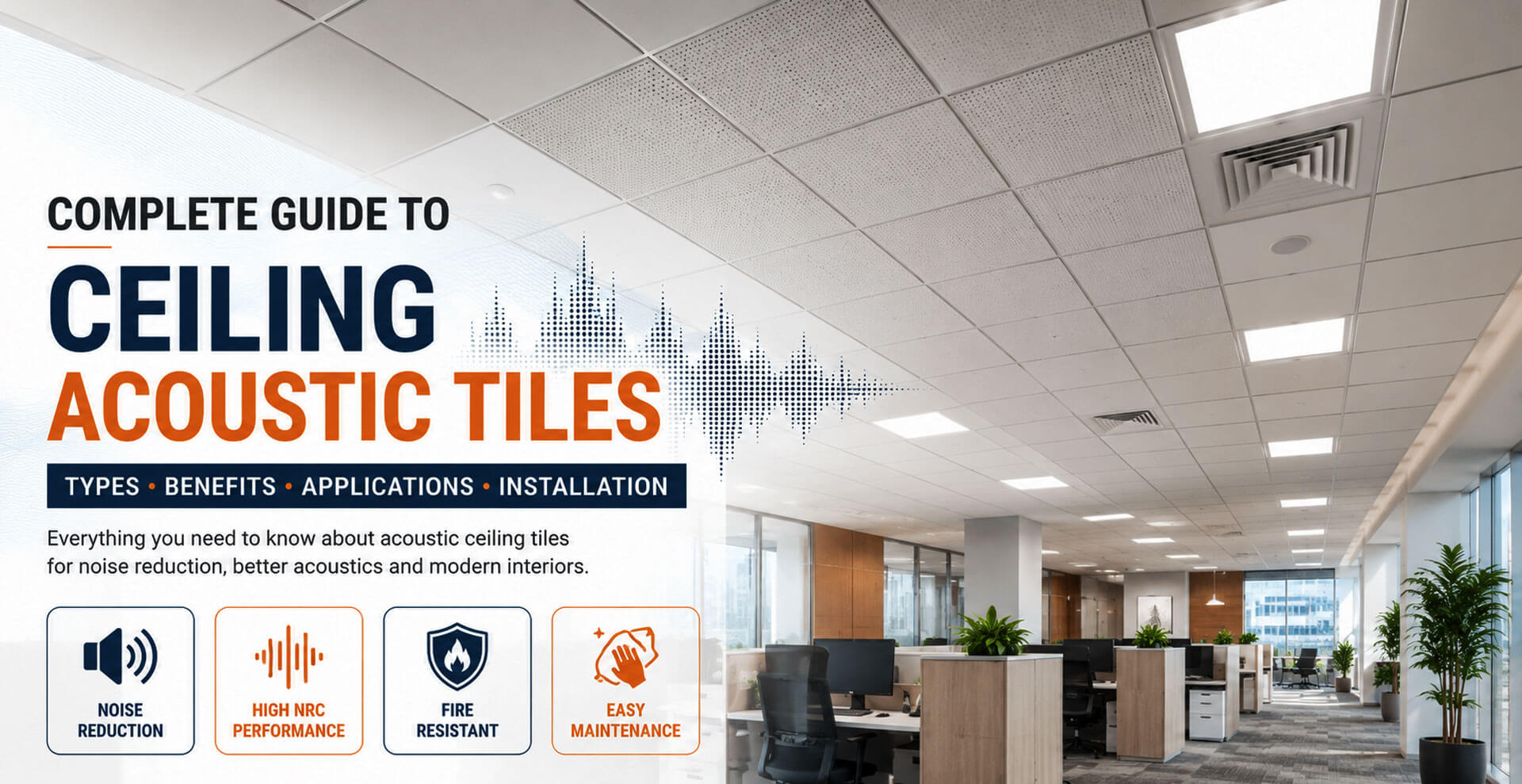 Ceiling acoustic tiles installed in modern office for sound absorption and noise reduction
