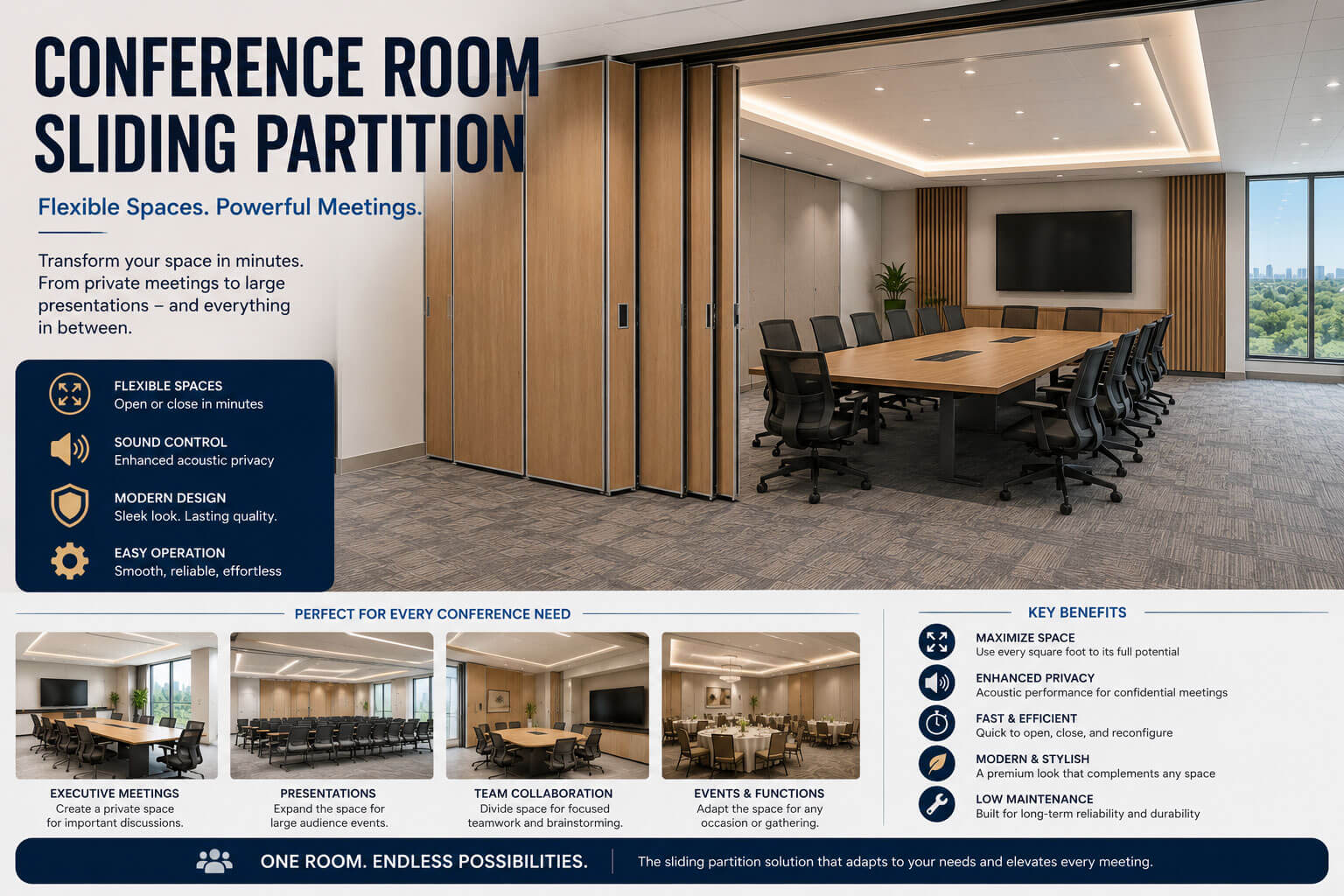 Conference room with movable sliding folding partition wall