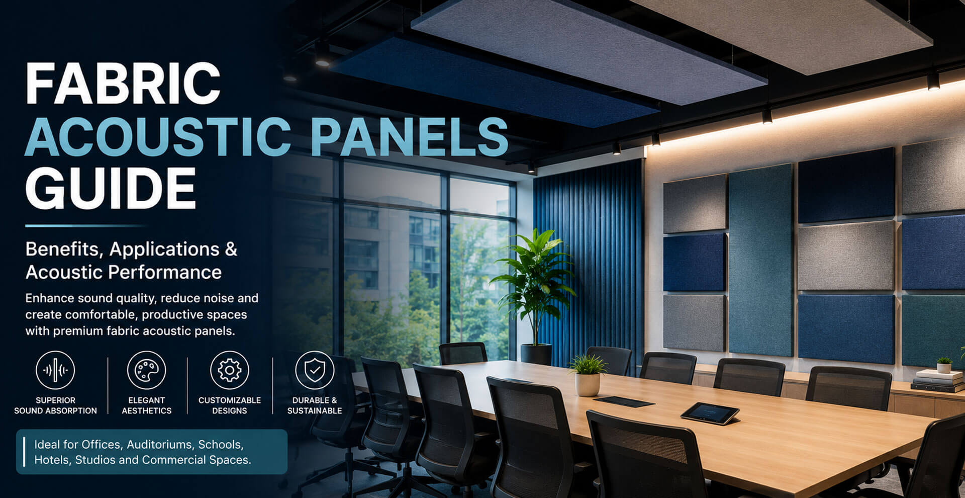 Fabric acoustic panels installed in modern office for sound absorption noise reduction and improved room acoustics