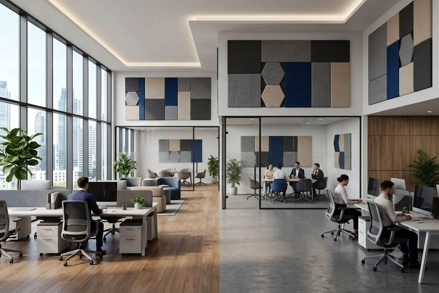Fabric acoustic wall panels installed in modern corporate office improving productivity and reducing workplace noise