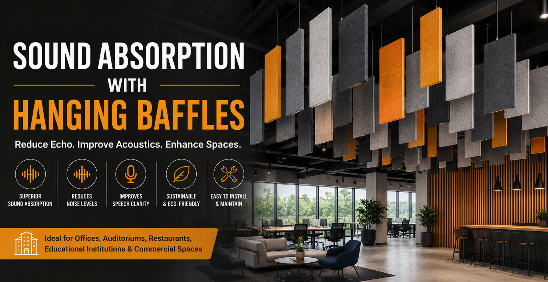 Acoustic hanging baffles installed in modern commercial ceiling for sound absorption and noise control
