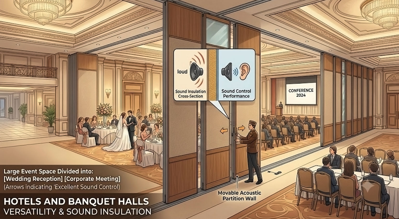 Hotel banquet hall with movable acoustic partition wall system