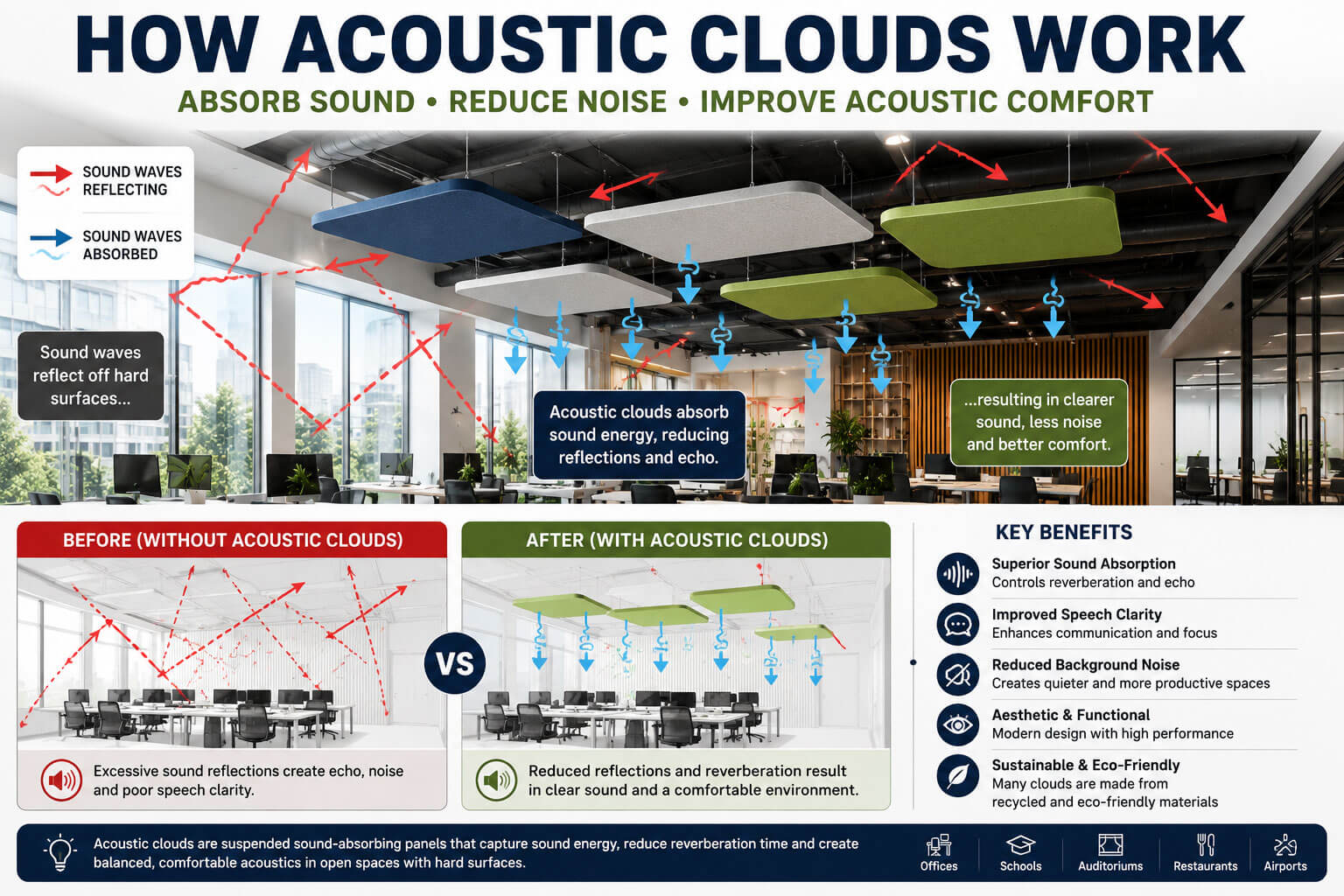 Acoustic ceiling clouds absorbing sound waves and reducing reverberation in large interior spaces