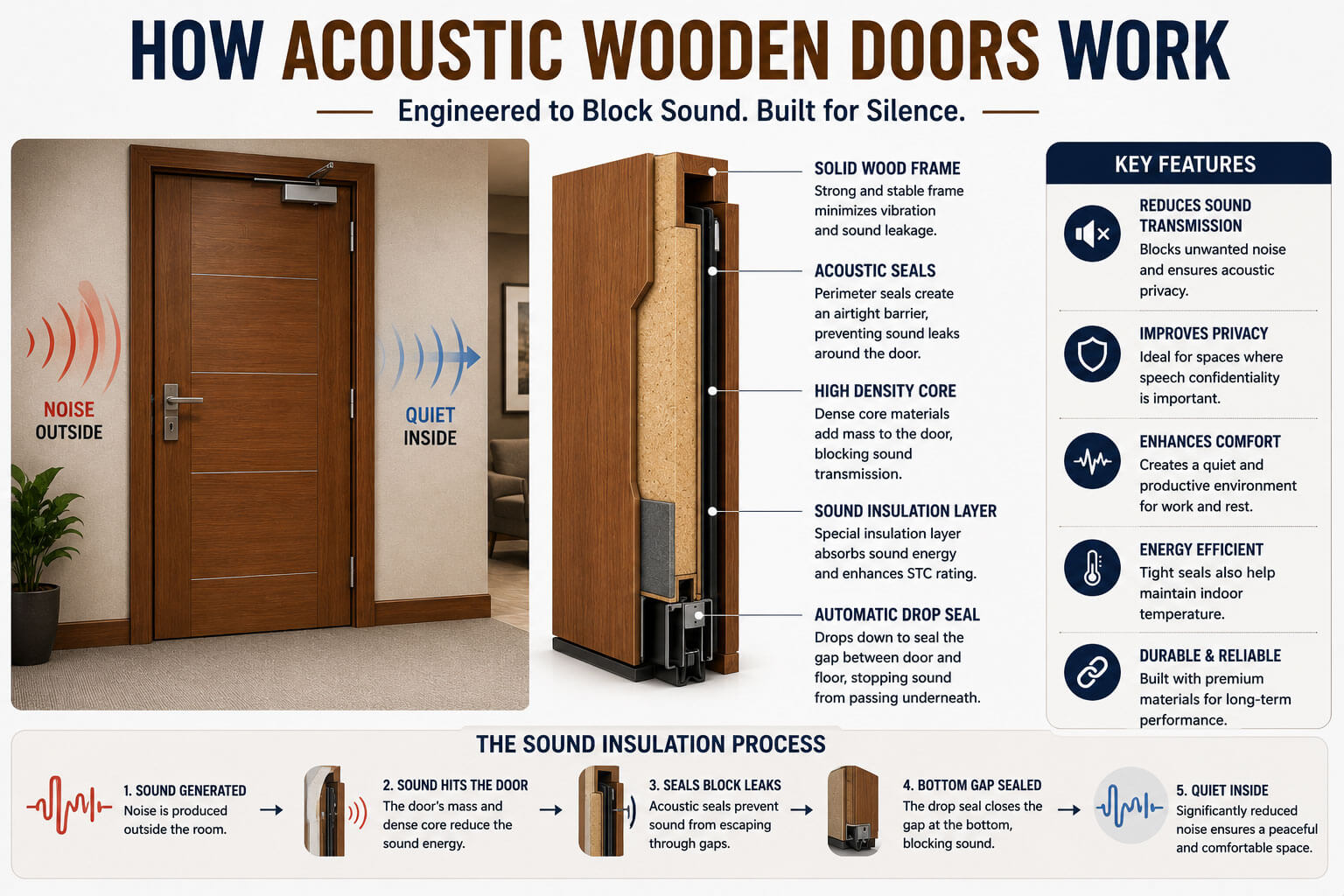 How acoustic wooden doors reduce sound transmission using seals and dense cores