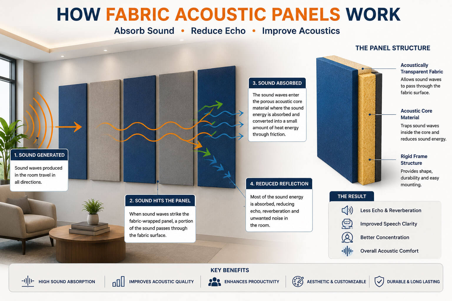 Diagram showing how fabric acoustic panels absorb sound waves reduce reverberation and improve speech clarity