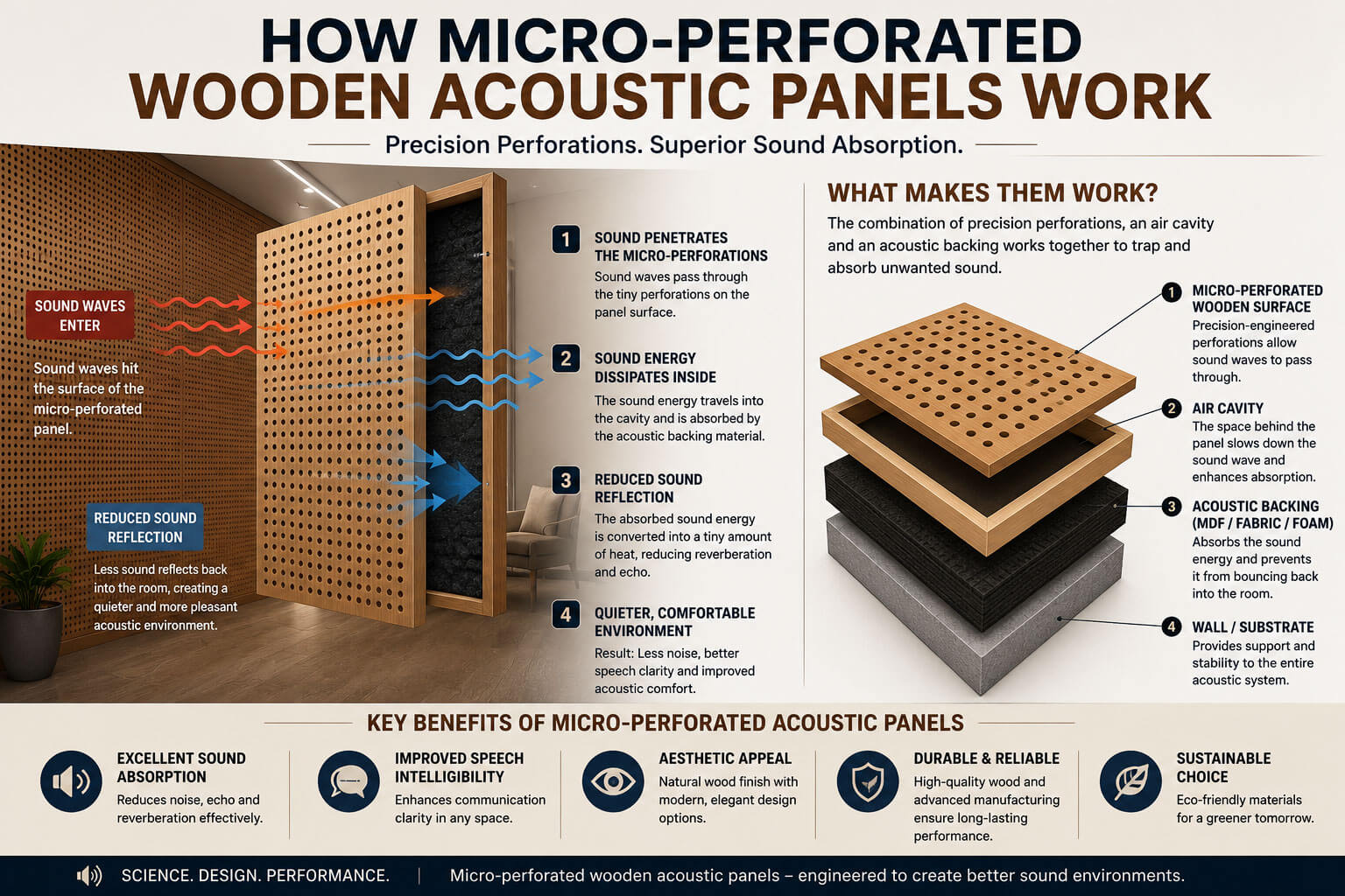 Diagram showing how micro perforated acoustic panels absorb sound waves and reduce reverberation