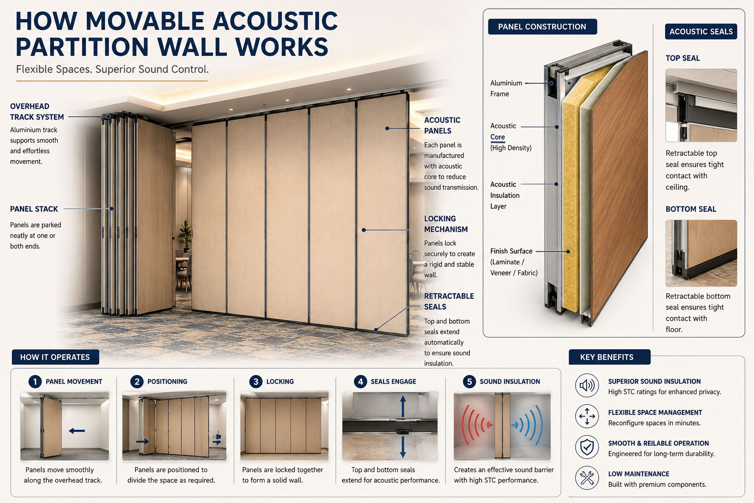 Working mechanism of a movable acoustic partition wall with overhead track and retractable acoustic seals