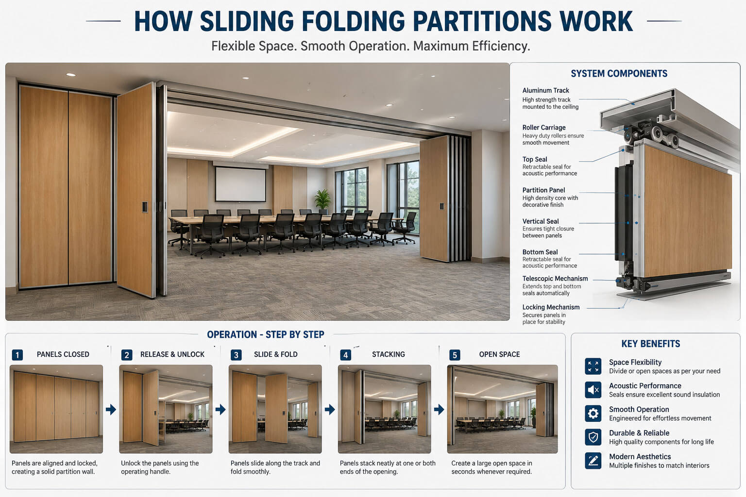 Working mechanism of sliding folding partition system with overhead aluminium track