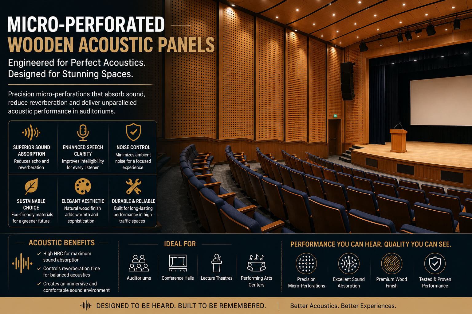 Micro perforated wooden acoustic panels installed in auditorium for echo control and acoustic optimization
