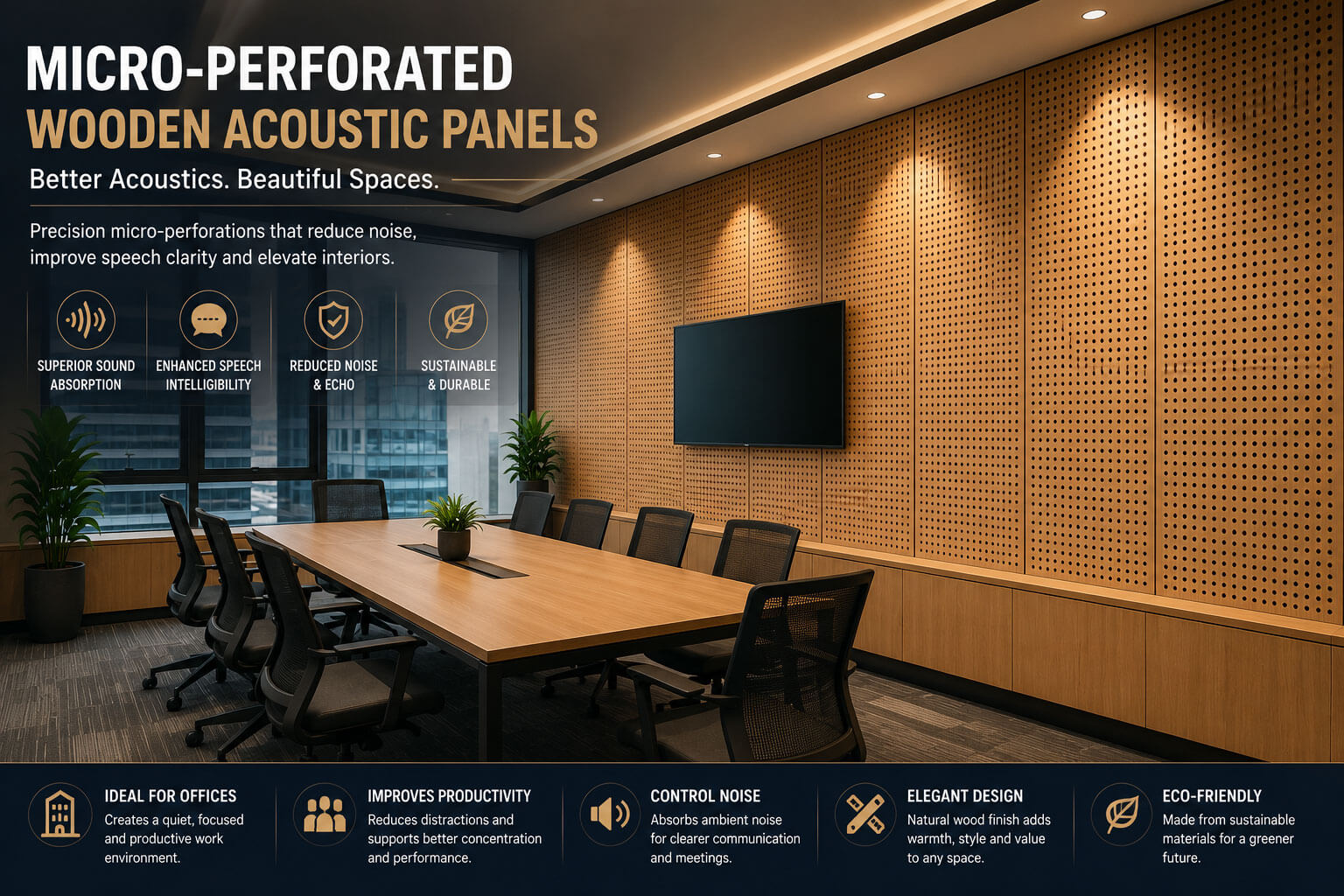 Micro perforated wooden acoustic panels installed in modern corporate office for noise reduction and speech clarity