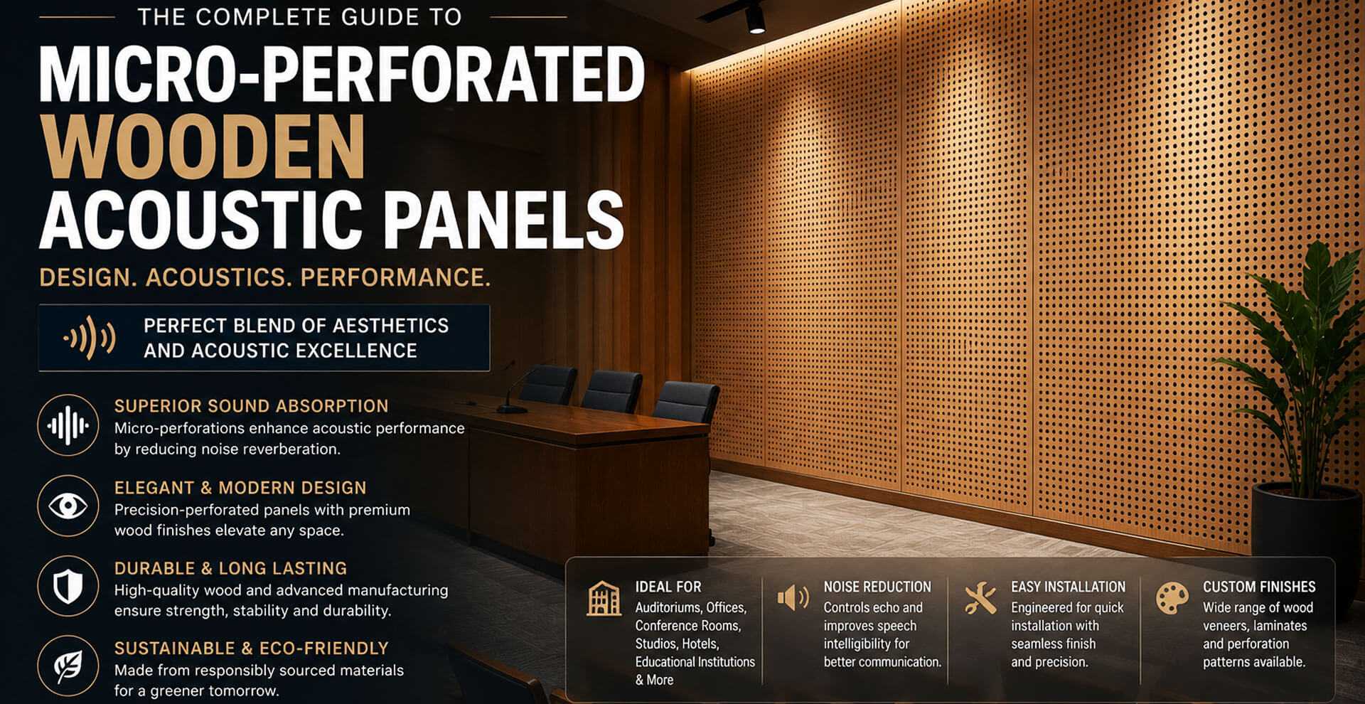 Micro perforated wooden acoustic panels installed in premium commercial interior for sound absorption and acoustic enhancement