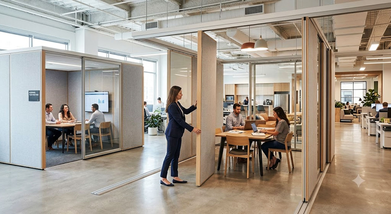 Corporate office using movable acoustic partition walls to create flexible meeting spaces