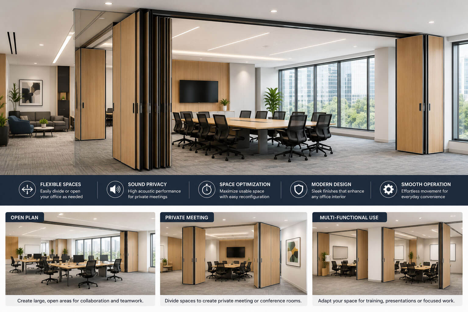 Office meeting room with modern sliding folding partition system