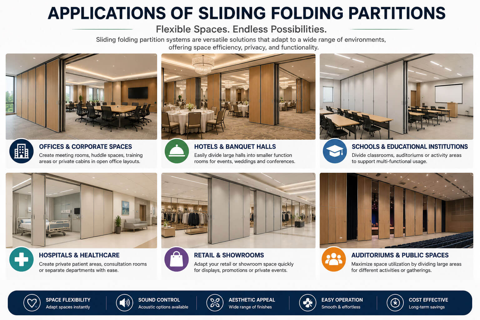Applications of sliding folding partitions in hotels offices conference rooms auditoriums and schools