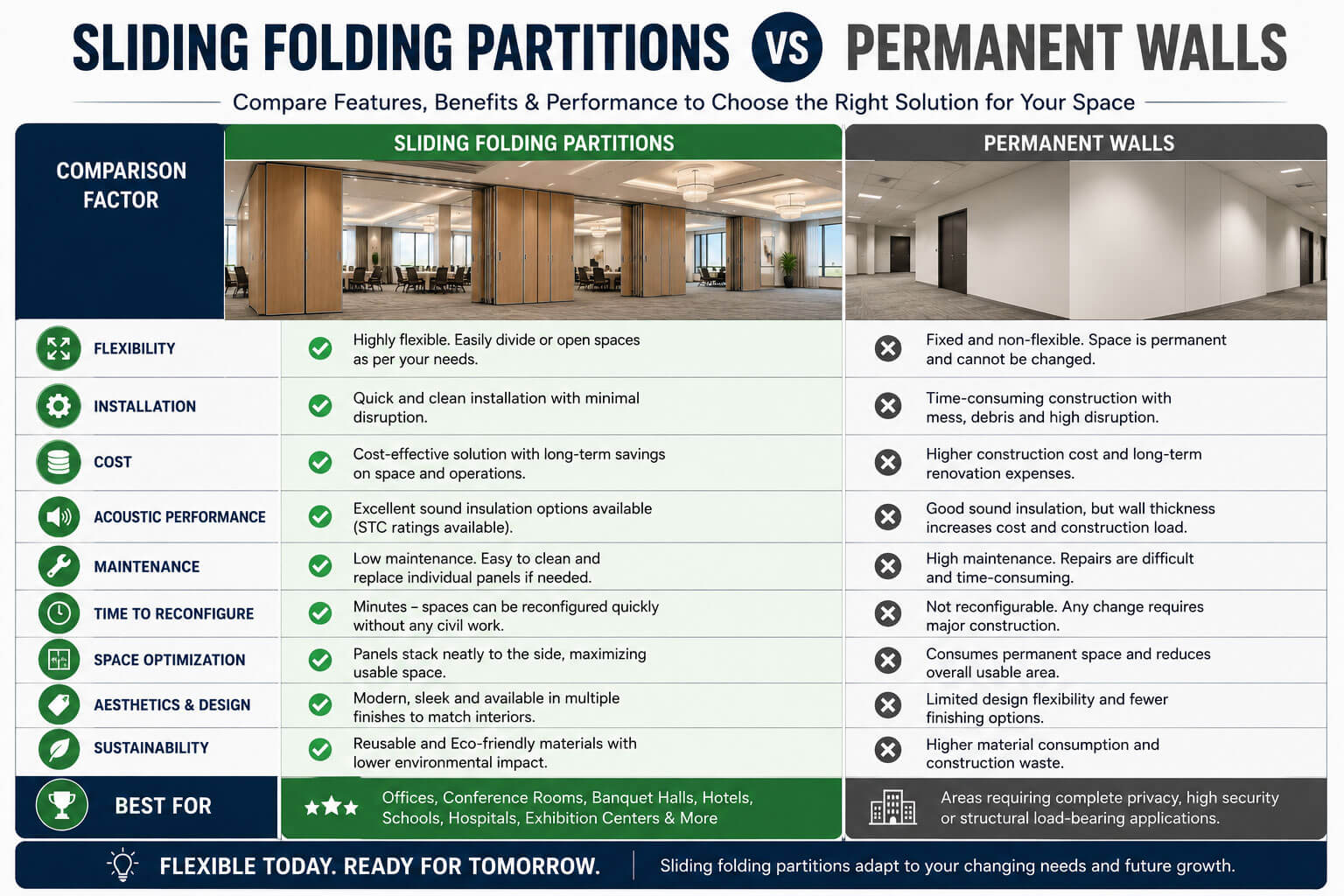Comparison chart between sliding folding partition systems and permanent walls
