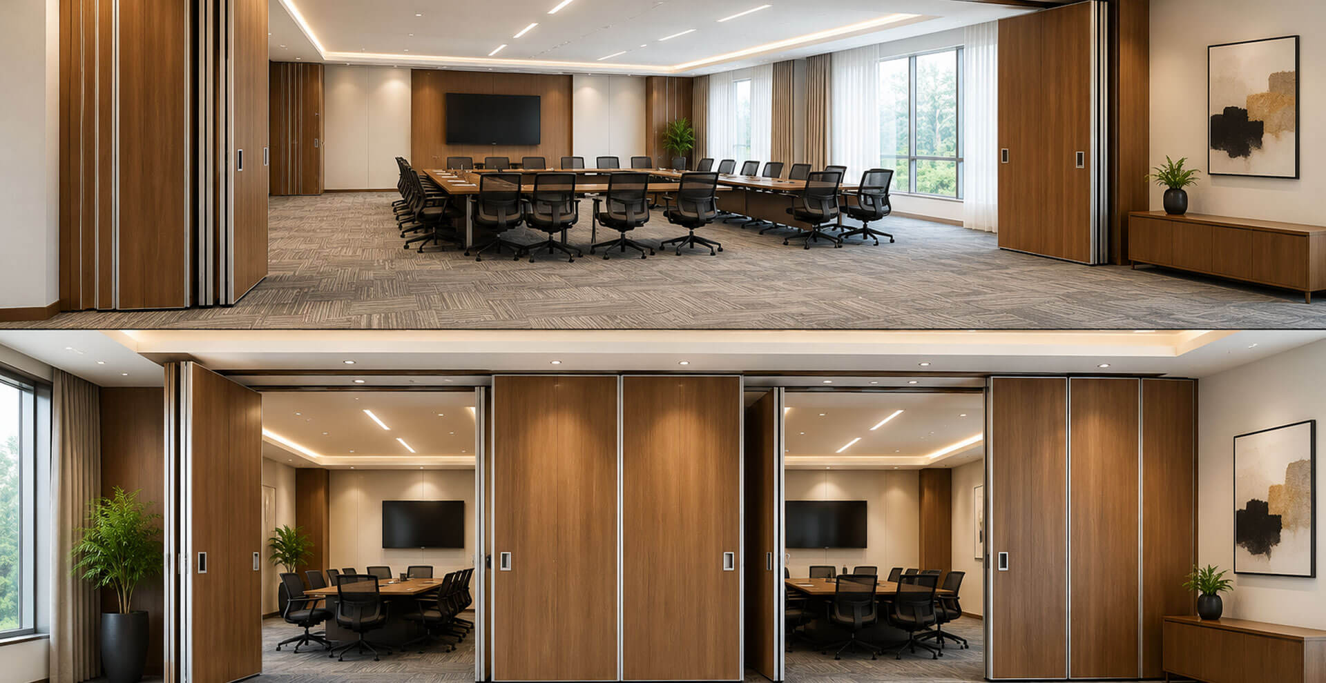 Sliding folding partition systems for flexible commercial space management