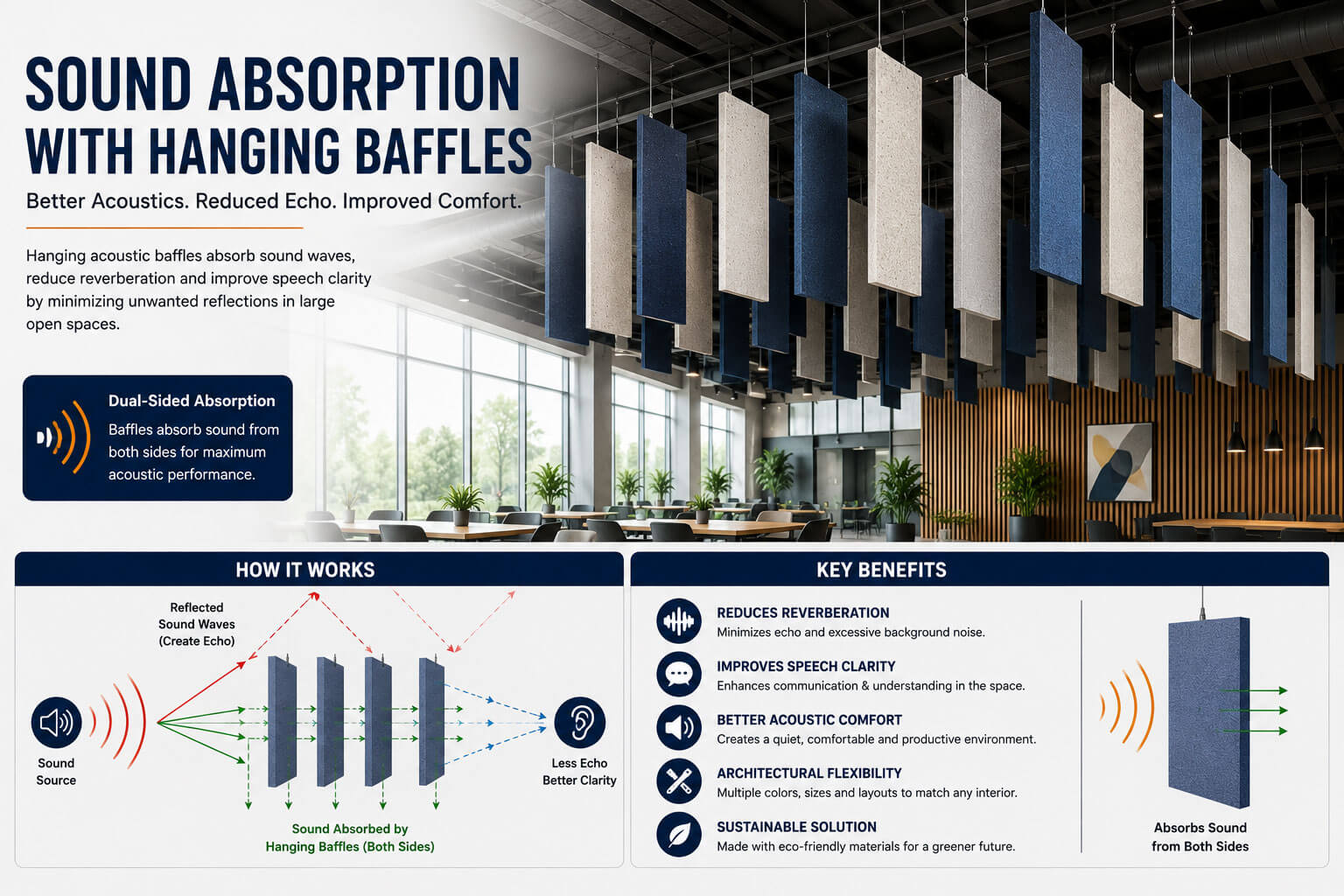 Sound waves being absorbed by acoustic hanging baffles suspended from ceiling