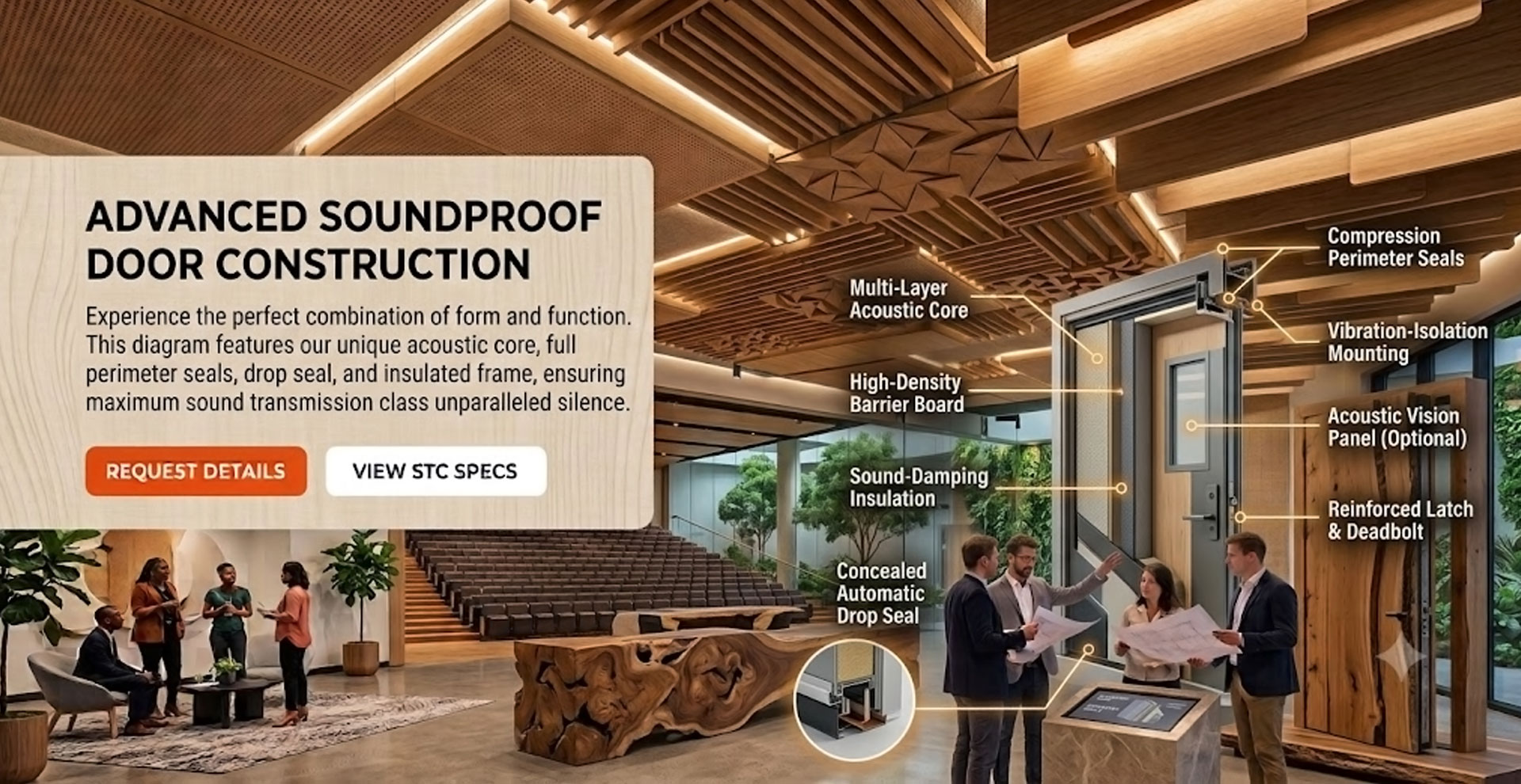 Soundproof door construction with acoustic core seals frame and drop seal