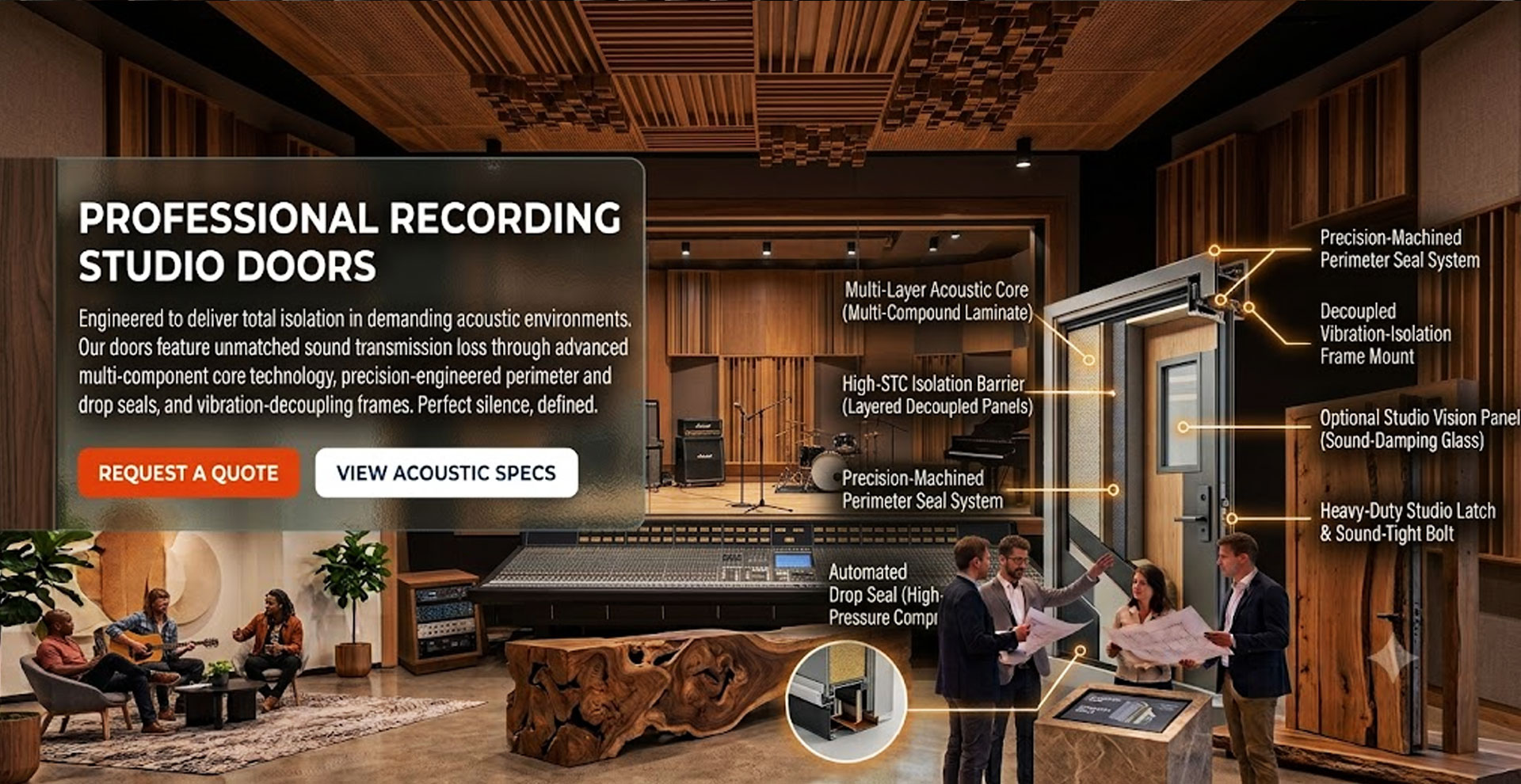 Soundproof acoustic door for recording studio and professional audio room