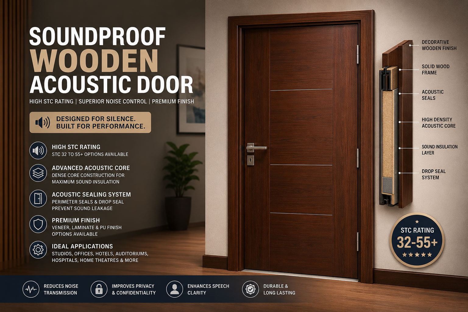 Soundproof wooden acoustic door with high STC rating