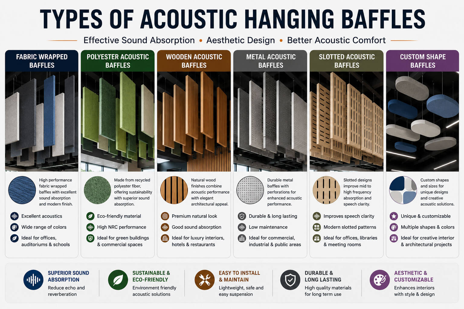 Different types of acoustic hanging baffles including fabric polyester wooden and metal baffles