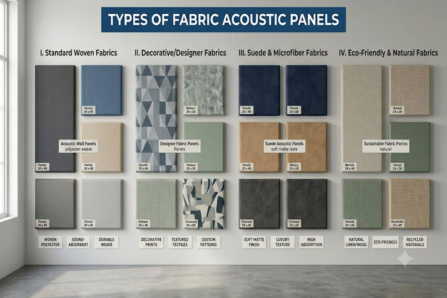 Types of fabric acoustic panels including wall panels ceiling panels acoustic clouds baffles and printed acoustic panels