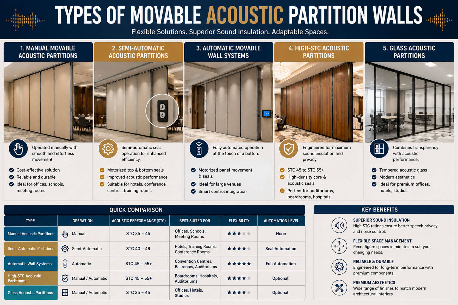 Different types of movable acoustic partition walls including manual, semi automatic, automatic and glass partition systems
