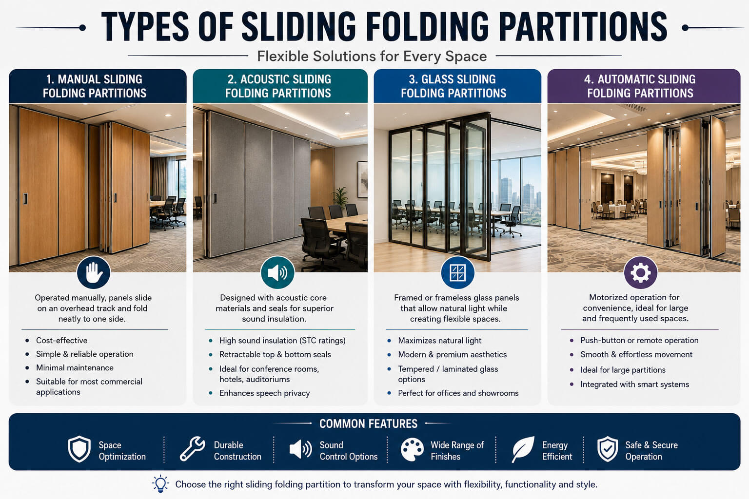 Different types of sliding folding partitions including acoustic, glass and operable wall systems