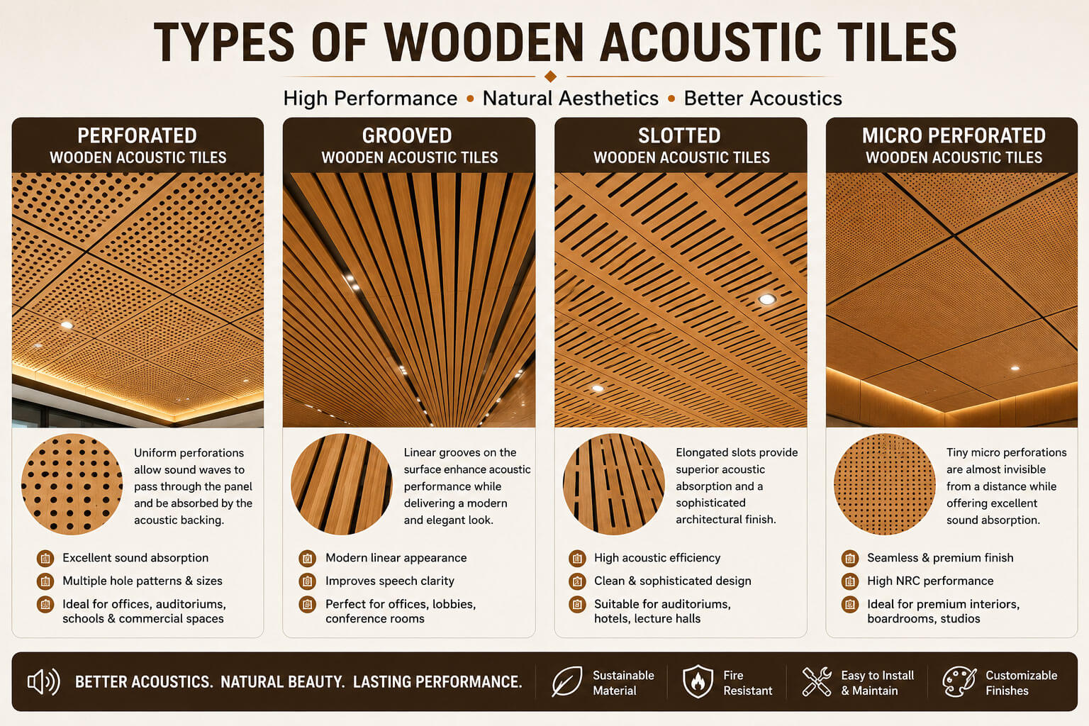 Different types of wooden acoustic tiles including perforated grooved slotted and micro perforated ceiling systems
