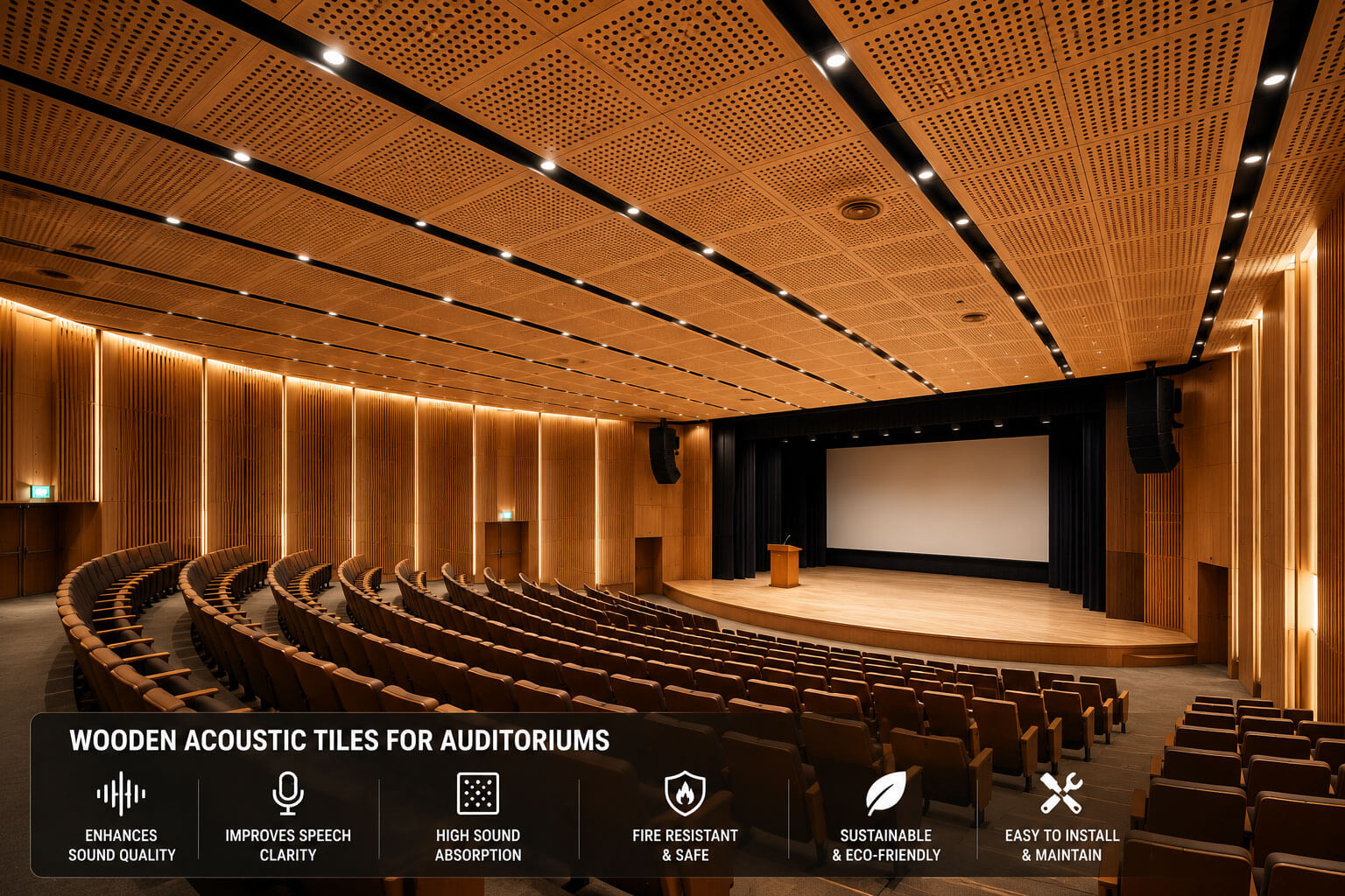 Wooden acoustic ceiling tiles installed in auditorium for improved sound quality and speech clarity