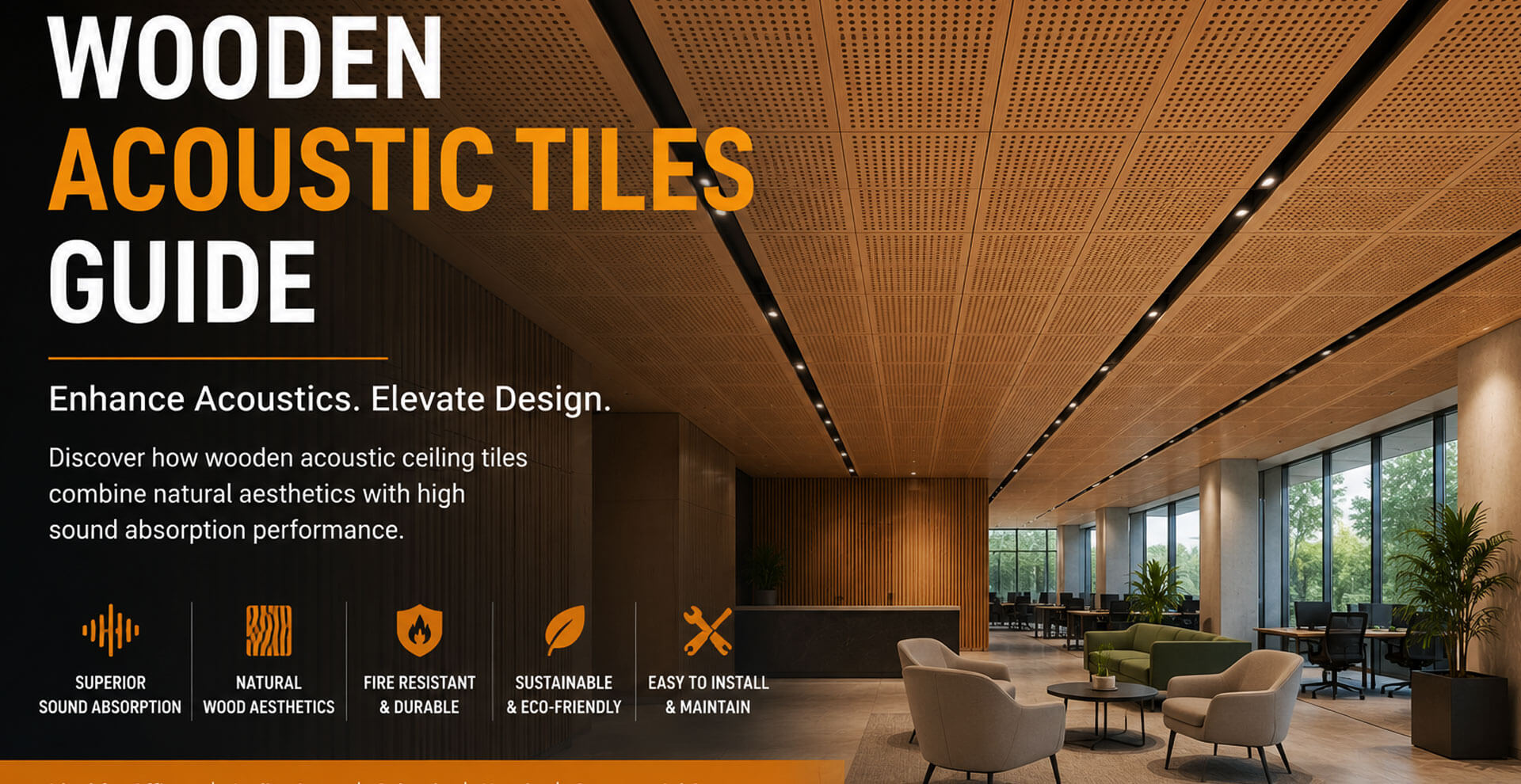 Wooden acoustic tiles installed in modern office ceiling for sound absorption and acoustic comfort