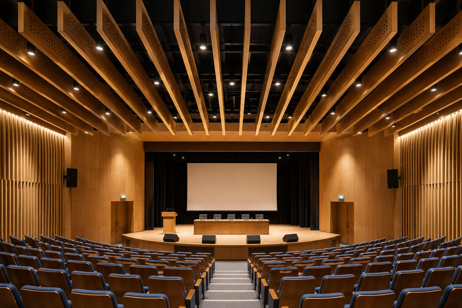 Wooden hanging acoustic baffles installed in auditorium for sound absorption echo reduction and speech clarity