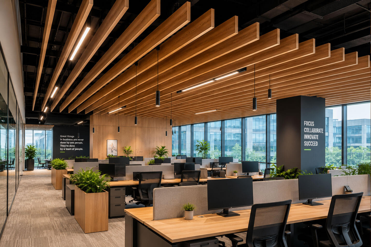 Wooden acoustic hanging baffles installed in modern corporate office improving acoustics and workspace comfort