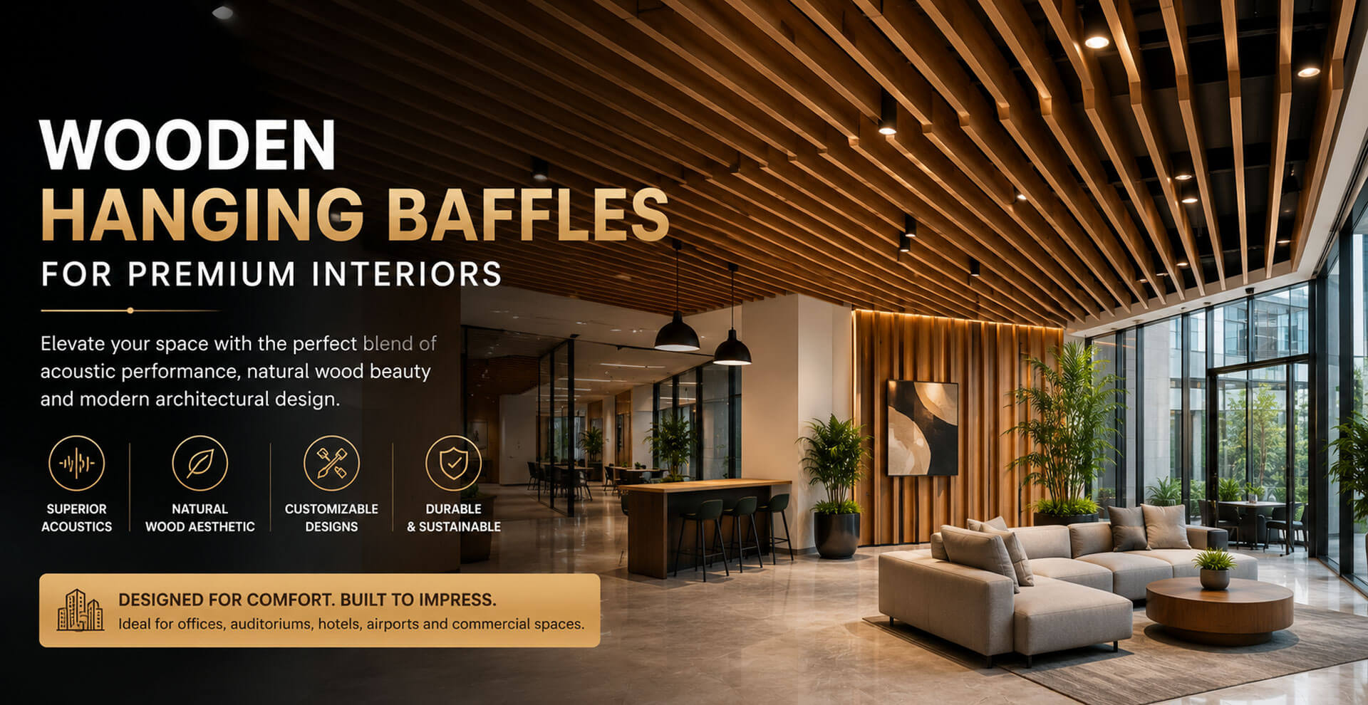 Wooden hanging baffles installed in premium commercial interior for acoustic treatment and architectural ceiling design