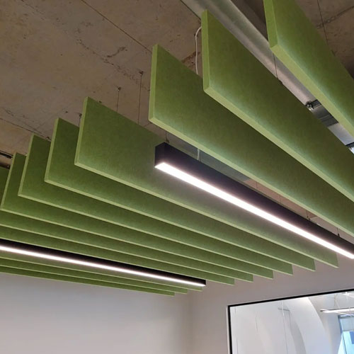 Acoustic hanging baffles for high-ceiling noise control and sound absorption