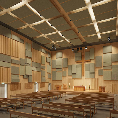 Acoustic panels installed in church for clear speech and musical performance