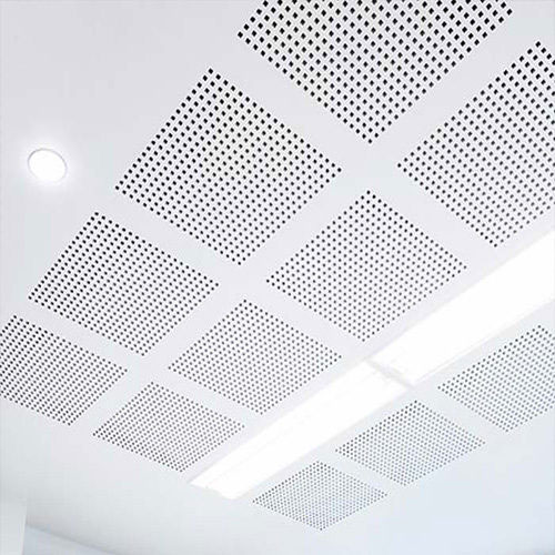 Acoustic ceiling tiles improving sound clarity in offices