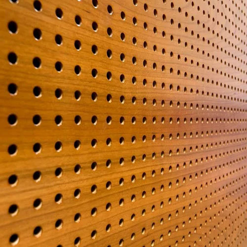 Perforated wooden acoustic panels for wall and ceiling sound treatment